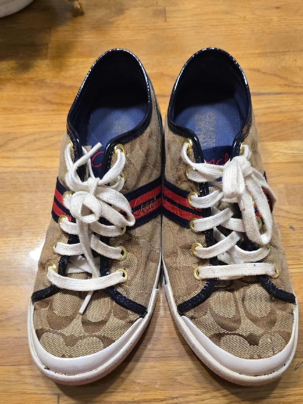 Coach Tan Monogram Low-Top Sneakers with Red and Navy Stripe